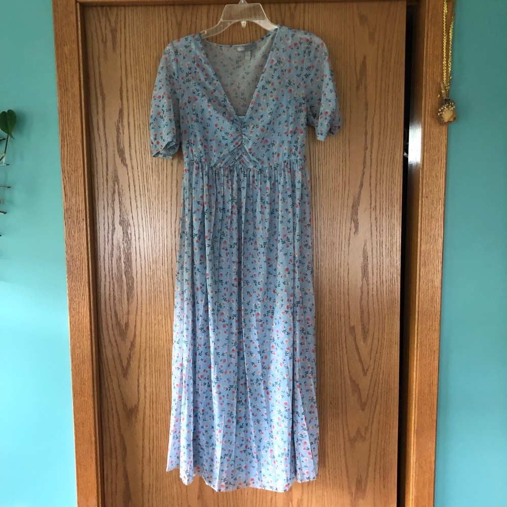 ASOS Sz 8 Midi Dress Blue with Pink Floral Sheer Overlay and Pleated Skirt